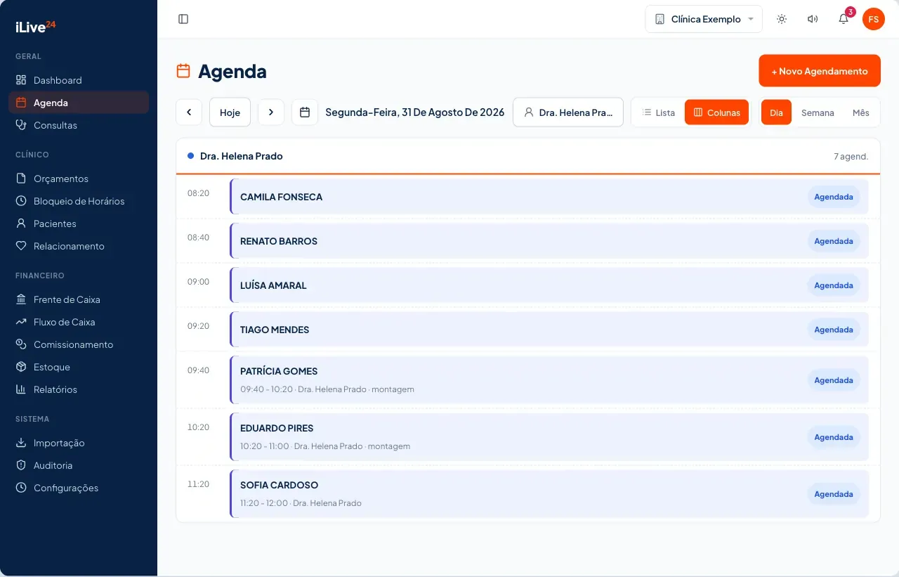 Tela da Agenda do iLive24: o dia de uma profissional em colunas, com os horários e o status de cada consulta. Dados fictícios.