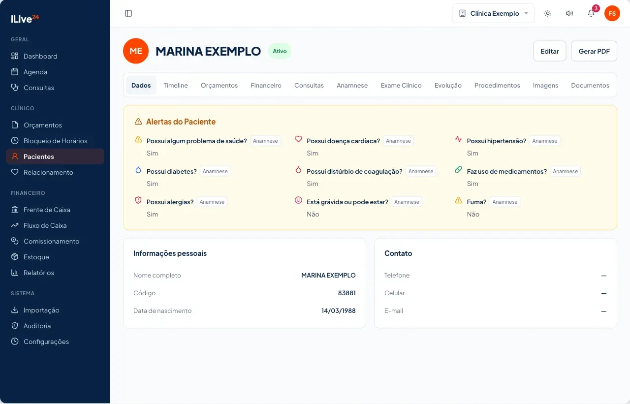 Prontuário do iLive24 com o painel de alertas do paciente no topo da ficha: alergia, doença cardíaca, uso de medicamento. Paciente fictício.